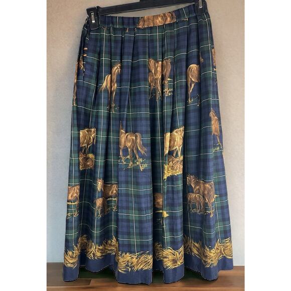 Susan Bristol Horse Print A Line Skirt Equestrian Tartan Plaid Western 10 Petite - Picture 8 of 8